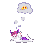 A pixel art of a little dog thing with purple wings dreaming about pizza