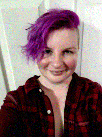white enby with purple hair in poor image quality